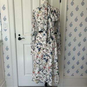 Erdem Marceline Belted Bow Floral-Print Silk Crepe de Chine Midi Dress US 4